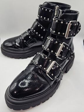 Steven New York Black Patent Studded Buckle Zipper Ankle Boots Sz 7 Alaine